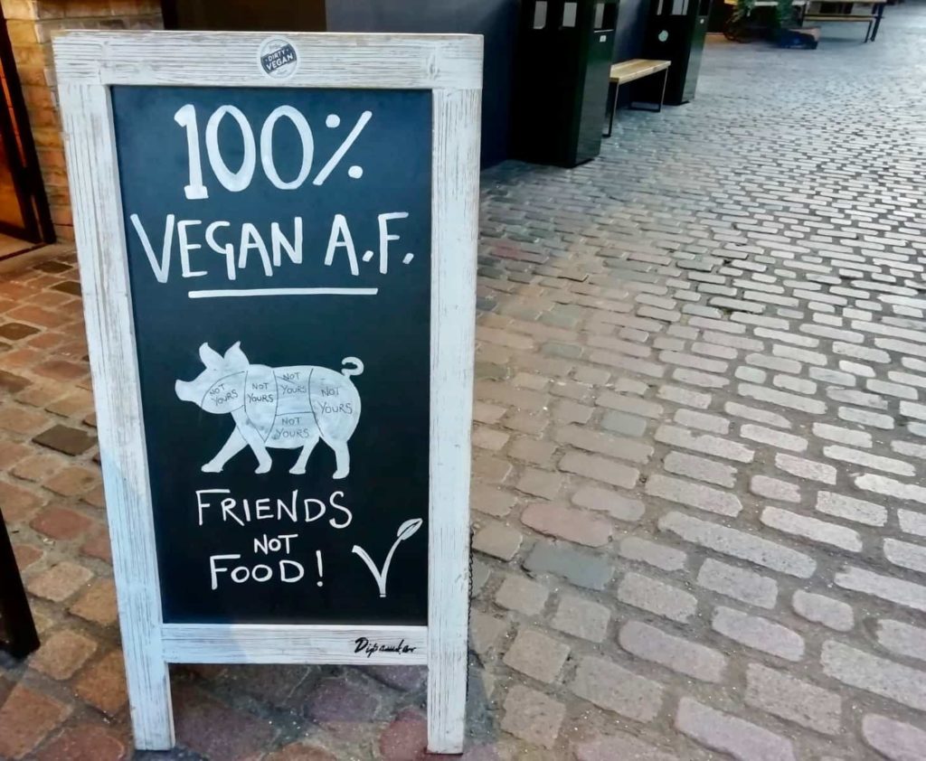 100% Vegan A.F sign outside Rudy's Diner in Camden Market, London