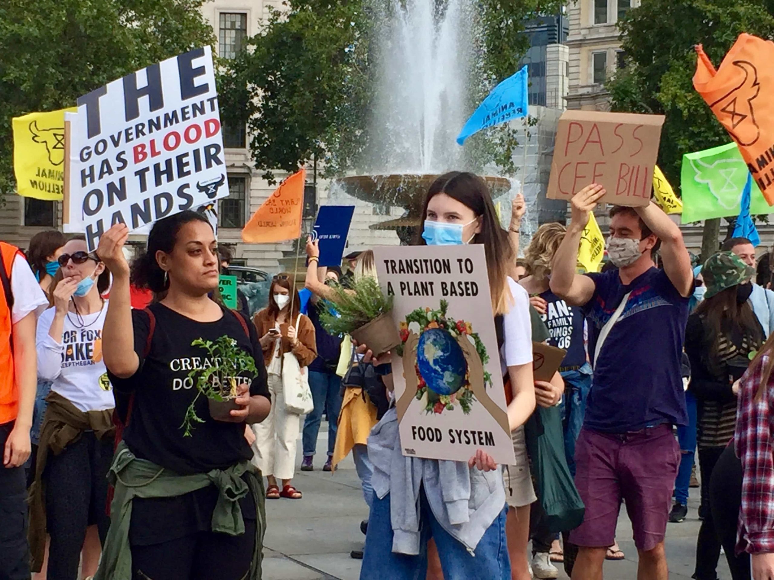 Vegan protesters holding placards to demand a plant-based food system